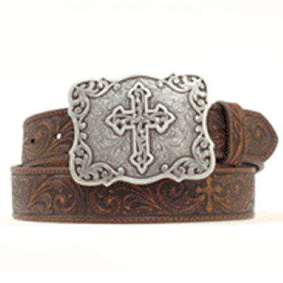 le bos Nocona Brown Leather Belt with Tooled Pattern and Large Cross Buckle N3483802