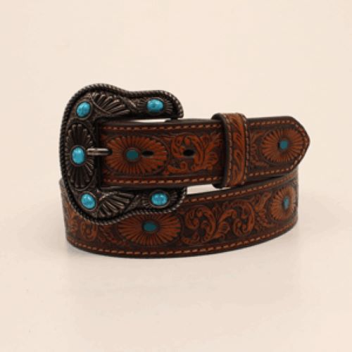 le bos Nocona Brown Women's Leather Tooled Belt with Turquoise Stones N3412002