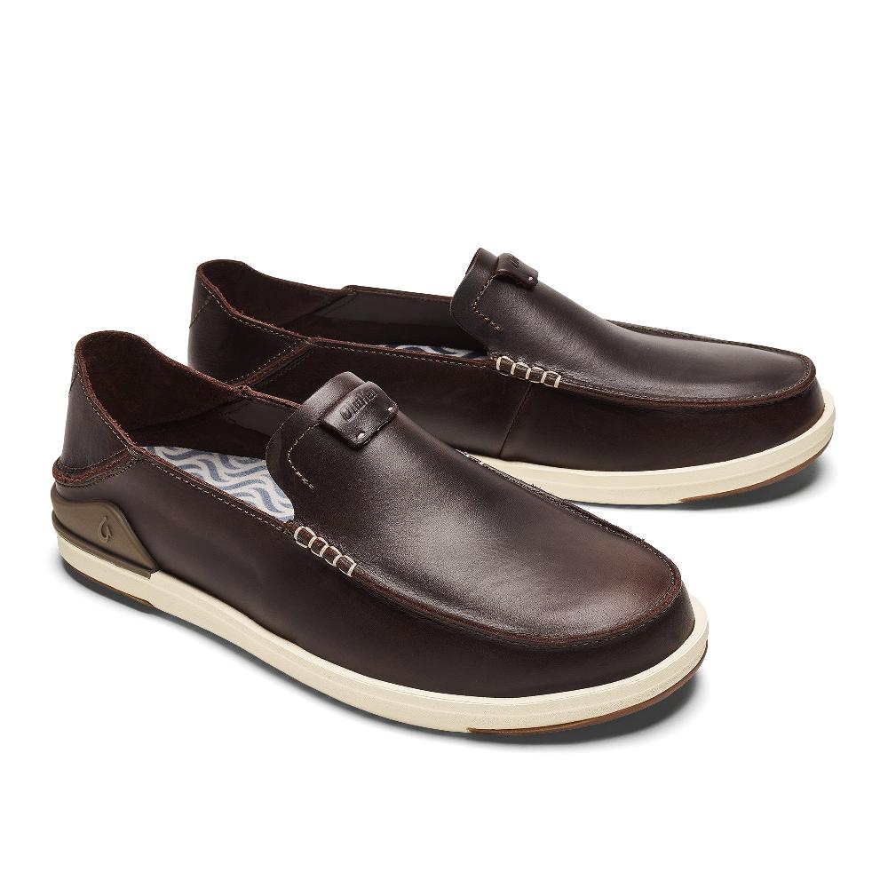le bos Olukai Dark Java Kakaha Men's Leather Slip-On Shoes 10490-4848