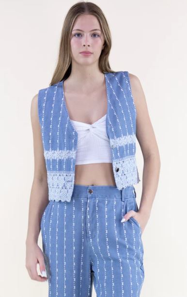 le bos Original USA Chambray Denim Embroidered Pinstripe Vest FT85906