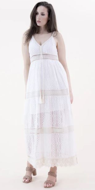 le bos Original USA White Striped Lace & Crochet Side Slit Maxi Dress FT85210