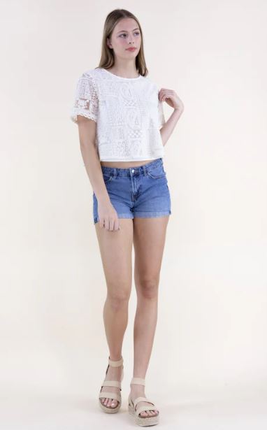 Le Bos Originial USA Beige Sheer Lace Collage Short Sleeve Shirt FT85274