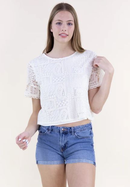 le bos Originial USA Beige Sheer Lace Collage Short Sleeve Shirt FT85274