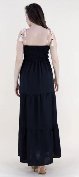 Le Bos Originial USA Black Medallion Embroidered Bodice Rope Straps Maxi Dress FT85232