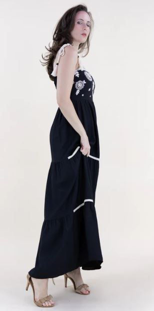 Le Bos Originial USA Black Medallion Embroidered Bodice Rope Straps Maxi Dress FT85232