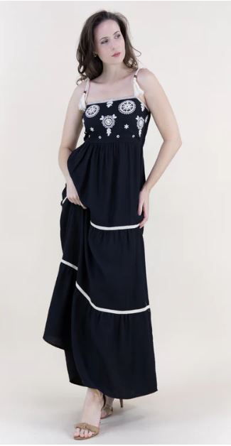 Le Bos Originial USA Black Medallion Embroidered Bodice Rope Straps Maxi Dress FT85232