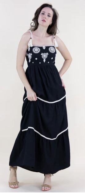 le bos Originial USA Black Medallion Embroidered Bodice Rope Straps Maxi Dress FT85232