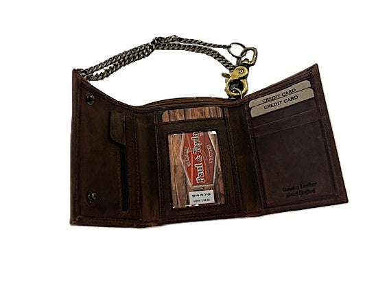le bos Paul and Taylor Brown Vintage Hunter Trifold Wallet with Chain 54379-HB