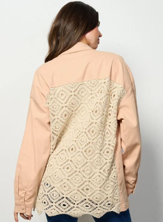 le bos Peach Denim Oversized Women's Long Sleeve Button Front Back Detailed Shacket P80105-PEACH