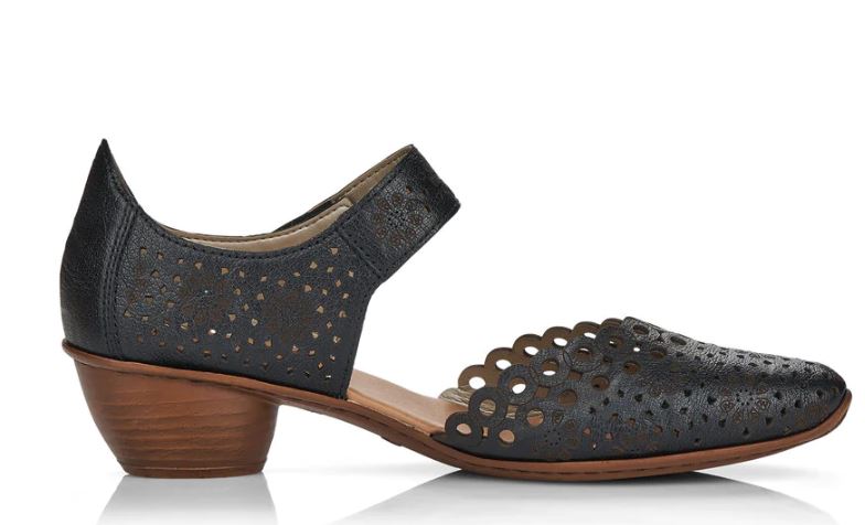 Le Bos Rieker Black Mirjam Laser Cut Women's Heeled Shoes With Bur-Fastener 43753-00