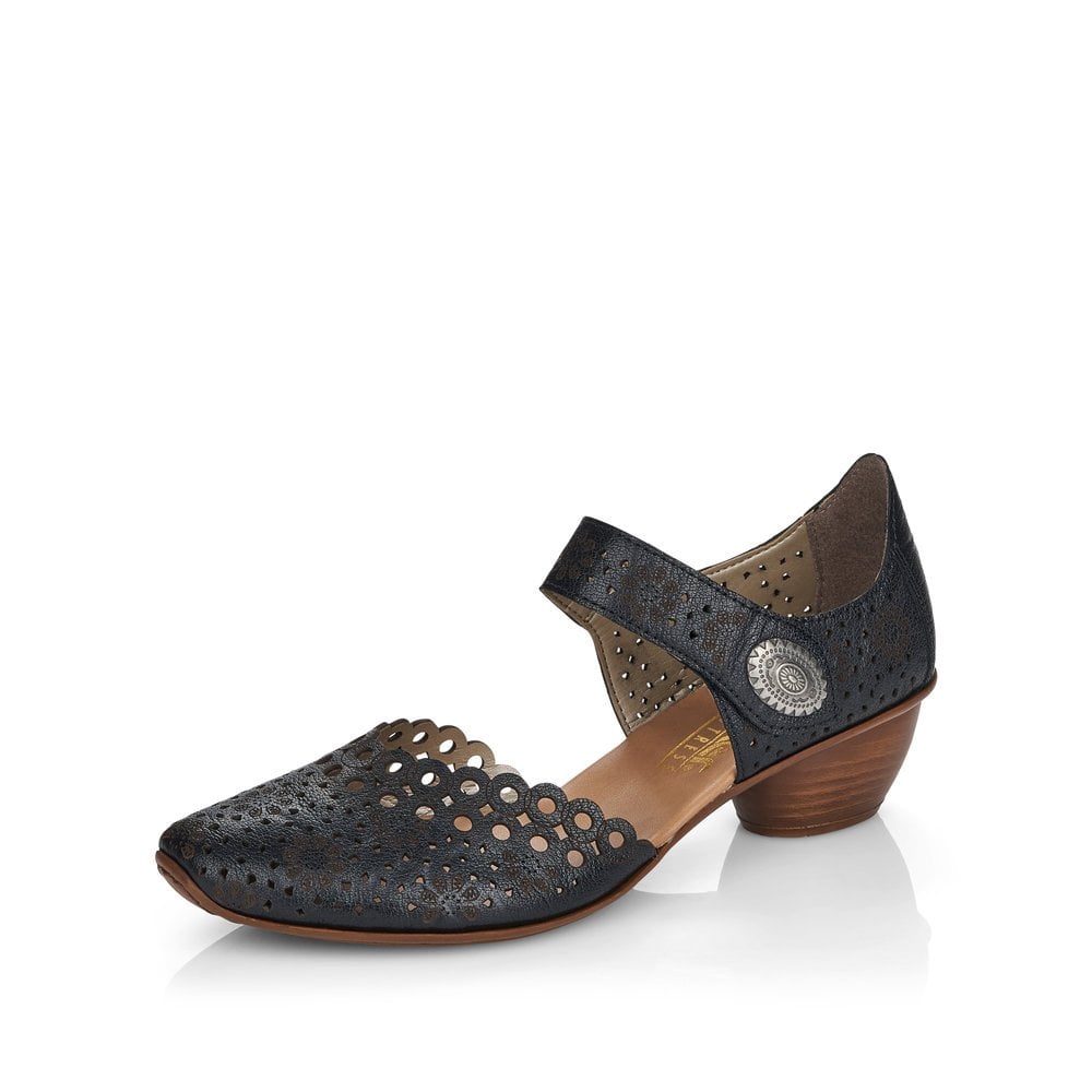 Le Bos Rieker Black Mirjam Laser Cut Women's Heeled Shoes With Bur-Fastener 43753-00
