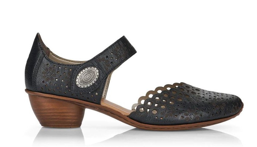 le bos Rieker Black Mirjam Laser Cut Women's Heeled Shoes with Bur-Fastener 43753-00