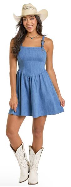 le bos Rock and Roll Blue Denim Mini Dress with Buckle Straps BWD0R06315