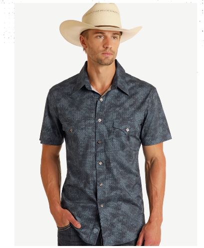 le bos Rock and Roll Denim Blue Geo Micro Print Men's Collared Short Sleeve Slim Fit Snap Shirt BMN3S05856