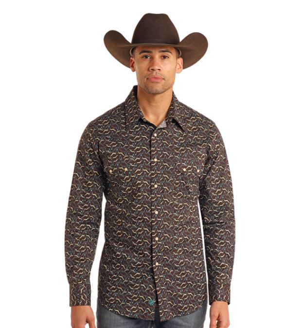 le bos Rock and Roll Denim Brown Longhorn/Turquoise Print Men's Collared Longsleeve Snap Shirt BMN2S05473