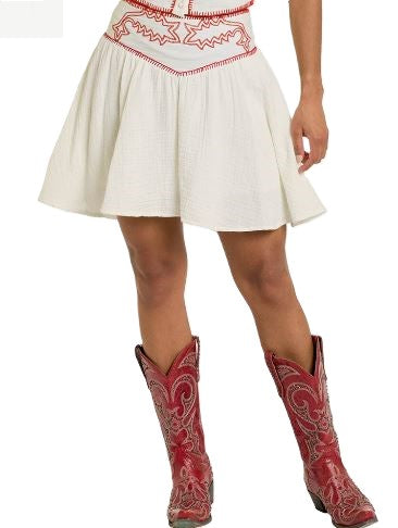 le bos Rock and Roll Denim Natural/Red Boot Stitch Embroidered Mini Skirt BW69B06312
