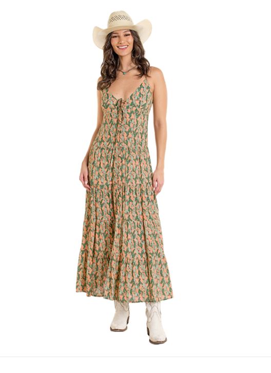 Le Bos Rock And Roll Denim Orange Multi Women's Cactus Print Midi Dress BWD0R06286