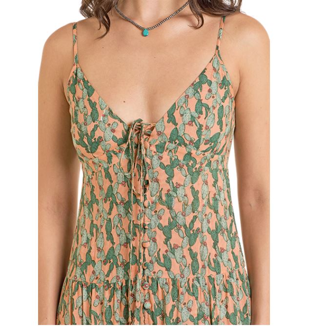 Le Bos Rock And Roll Denim Orange Multi Women's Cactus Print Midi Dress BWD0R06286