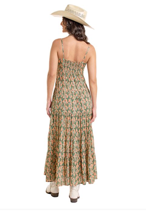 Le Bos Rock And Roll Denim Orange Multi Women's Cactus Print Midi Dress BWD0R06286