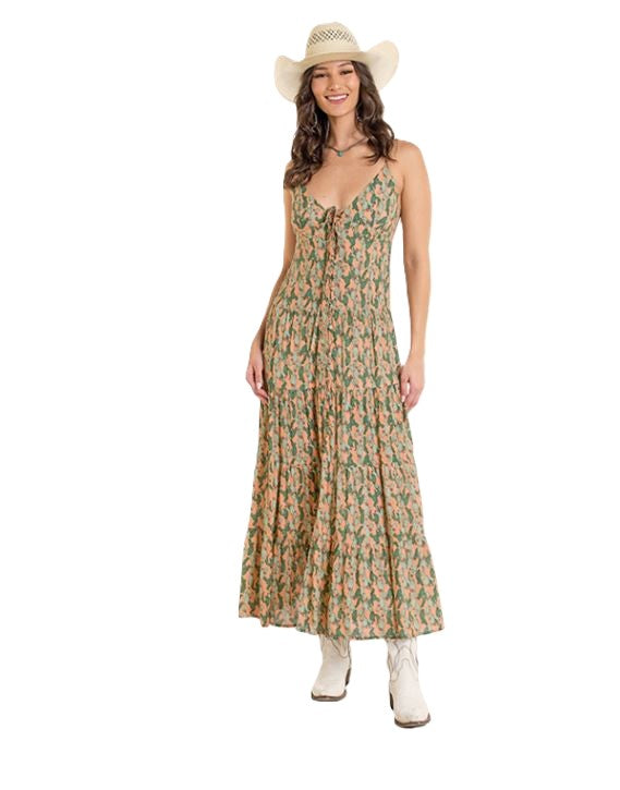 le bos Rock and Roll Denim Orange Multi Women's Cactus Print Midi Dress BWD0R06286