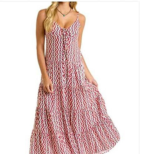 Le Bos Rock And Roll Denim Red/White Aztec And Zig Zag Alternating Print Women's Halter Maxi Dress BWD0R06320