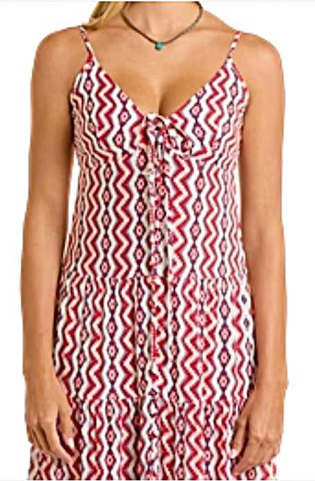 Le Bos Rock And Roll Denim Red/White Aztec And Zig Zag Alternating Print Women's Halter Maxi Dress BWD0R06320