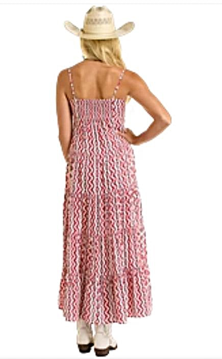 Le Bos Rock And Roll Denim Red/White Aztec And Zig Zag Alternating Print Women's Halter Maxi Dress BWD0R06320