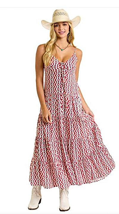 le bos Rock and Roll Denim Red/White Aztec and Zig Zag Alternating Print Women's Halter Maxi Dress BWD0R06320