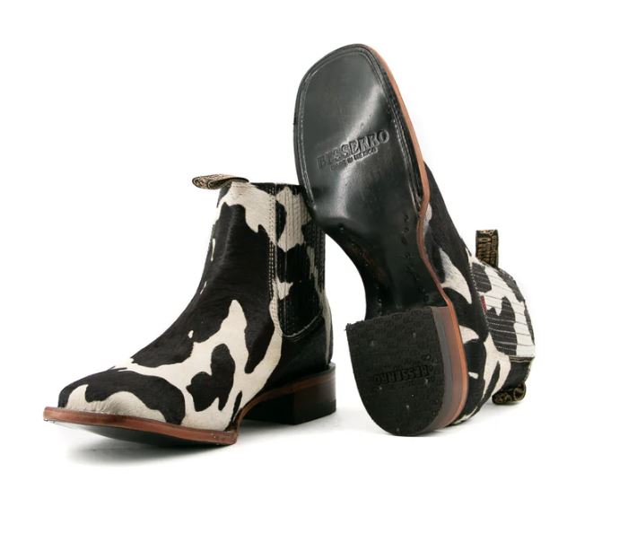 Le Bos Rock'Em Boots Black Cow Print Bessero Cuero Pelo De Vaca Square Toe Men's Ankle Boots BES COW CHEL