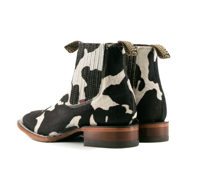 Le Bos Rock'Em Boots Black Cow Print Bessero Cuero Pelo De Vaca Square Toe Men's Ankle Boots BES COW CHEL