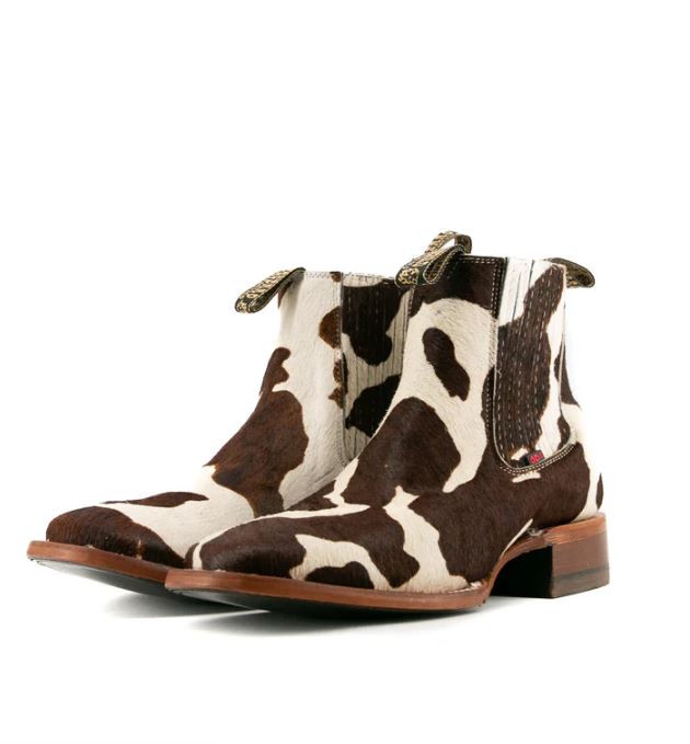 Le Bos Rock'em Brown Cow Print Bessero Cuero Pelo De Vaca Men's Square Toe Ankle Boots BES COW CHEL BR