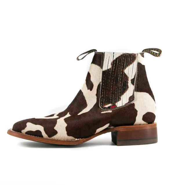 Le Bos Rock'em Brown Cow Print Bessero Cuero Pelo De Vaca Men's Square Toe Ankle Boots BES COW CHEL BR