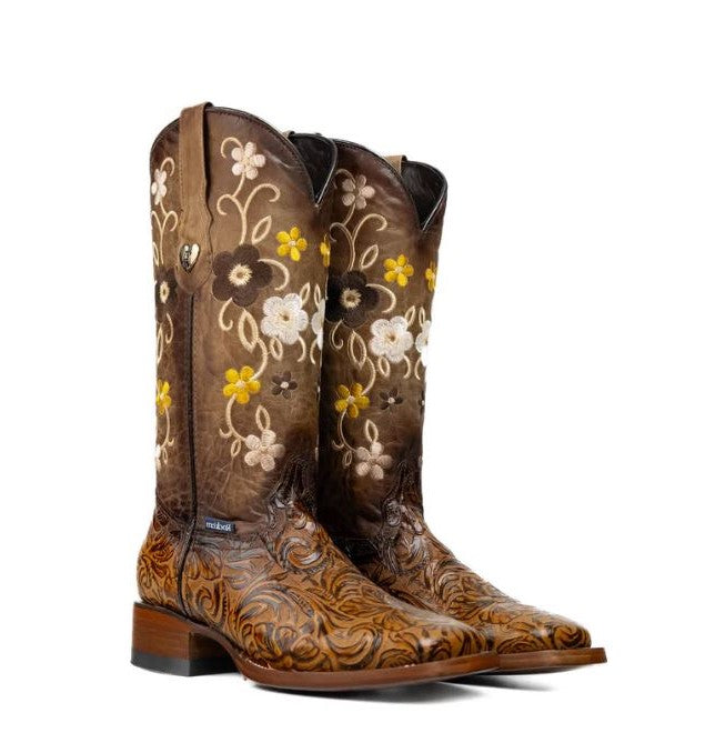 le bos Rock'Em Honey Paraiso Genuine Leather Tooled Square Toe Women's Cowgirl Boots 455-PARAISO-HON