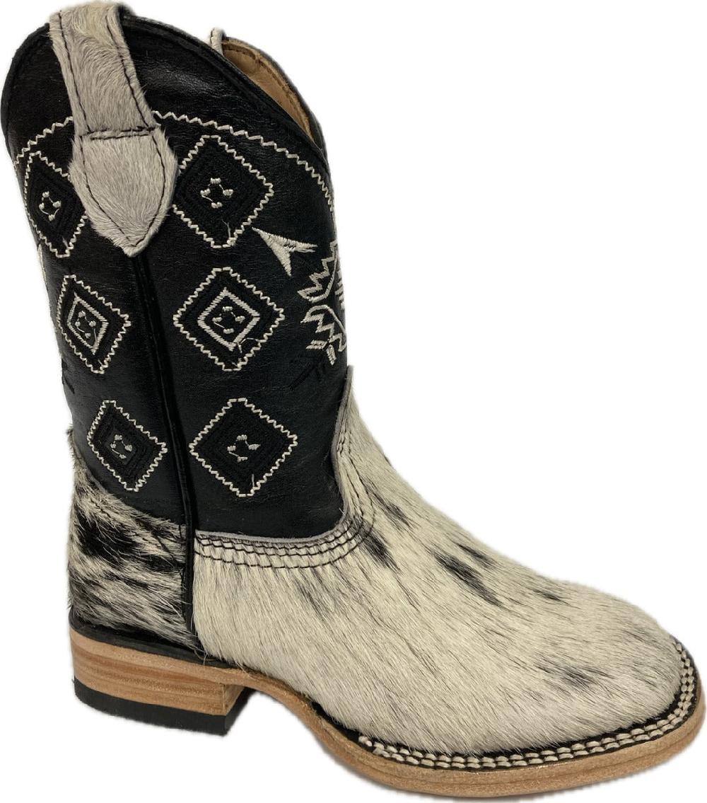le bos Rock 'Em Kids Black/White Little Kids Cowhide Boots KIDS PELO WT/BK