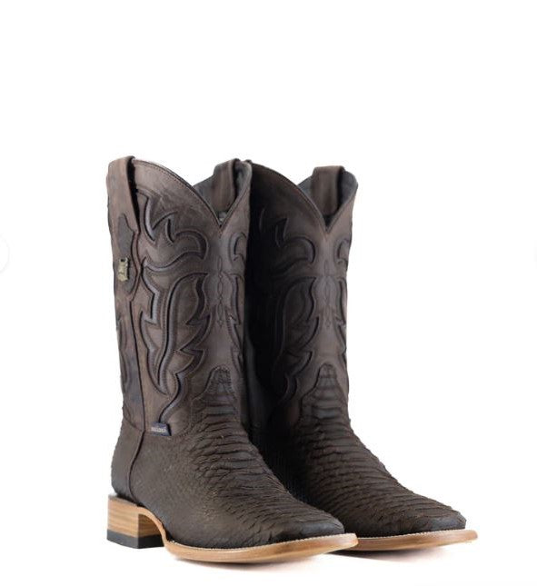 le bos Rock'Em Nobuck Brown Bruce Matte Python Leather Print Square Toe Men's Cowboy Boots BRUC PYTH NBUK