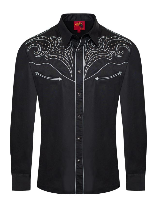 le bos Rodeo Clothing Black with Diamond Like Stones Men's Collared Western Embroidered Snap Shirt PS500D-1001