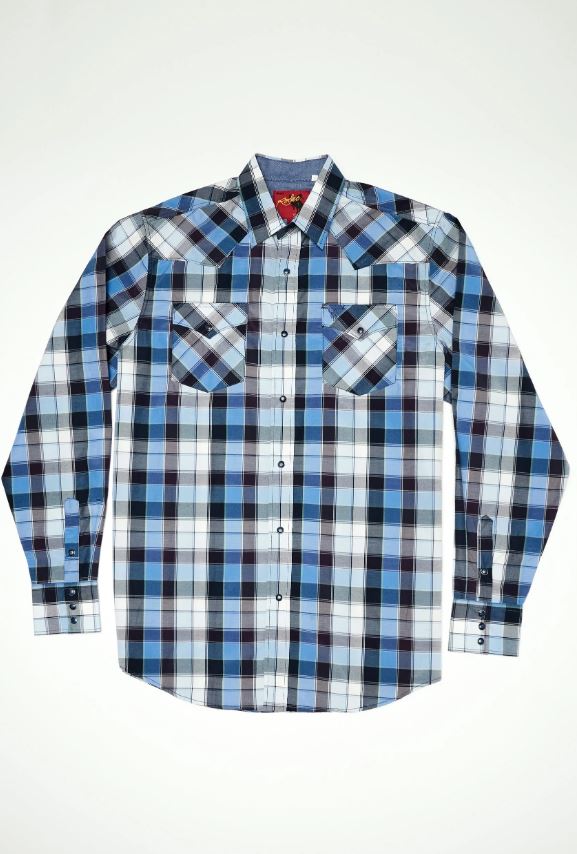 le bos Rodeo Clothing Blue Plaid Men's Big and Tall Collared Longsleeve Snap Shirt PS400L-BT-468