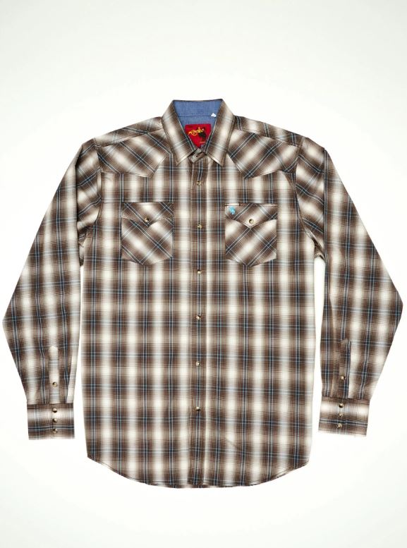 le bos Rodeo Clothing Brown Plaid Pearl Snap Men's Big and Tall Collared Longsleeve Shirt PS400L-BT-461