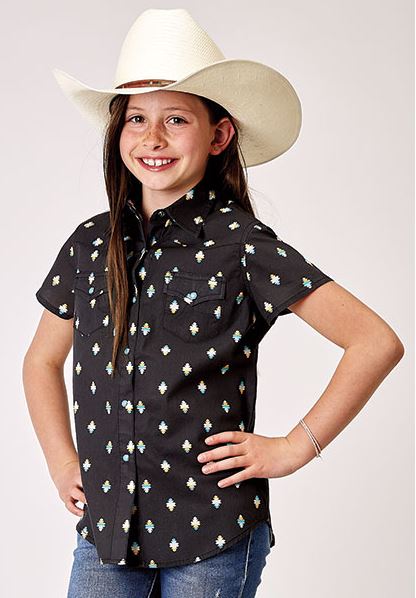 le bos Roper Black Aztec Print Girl's Collared Short Sleeve Snap Front Shirt 308100640317BL
