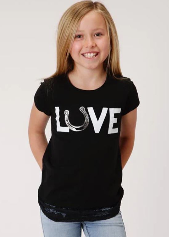 le bos Roper Black Girl's 'Love' Short Sleeve T-Shirt with a Horseshoe 300905132041BL