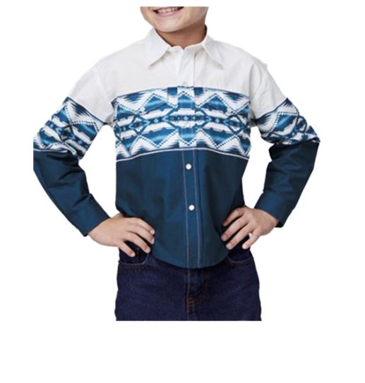 le bos Roper Blue Aztec Border Boy's Collared Longsleeve Snap Shirt 03-030-0431-0410 BU