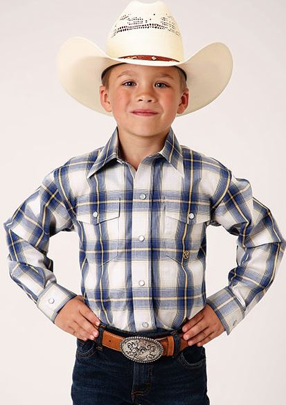 le bos Roper Blue Plaid Denim Ombre Color Boy's Collared Long Sleeve Snap Shirt 03-030-0278-2089 BU