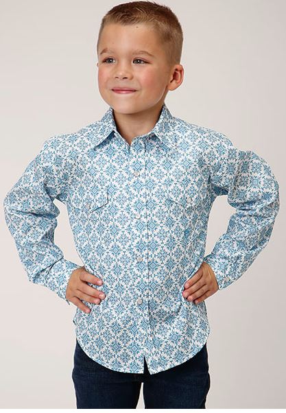 le bos Roper Blue/Turquoise Medallion Boy's Collared Long Sleeve Western Snap Front Shirts 03-030-0225-4023 BU