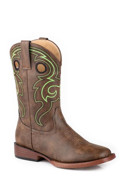 le bos Roper Brown Faux Leather Upper Little Kids Wide Square Toe Boots with Pull Holes 0901819003498BR