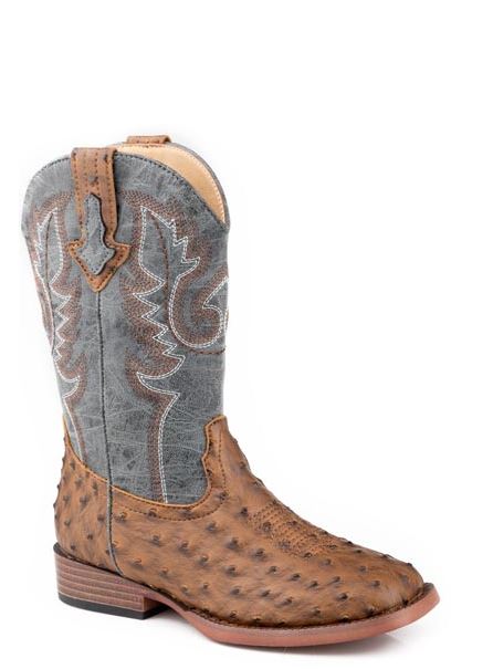 le bos Roper Brown w/Blue Shaft Little Kids Wide Square Toe Faux Leather Brown Ostrich Vamp Boots 0901819003436BR