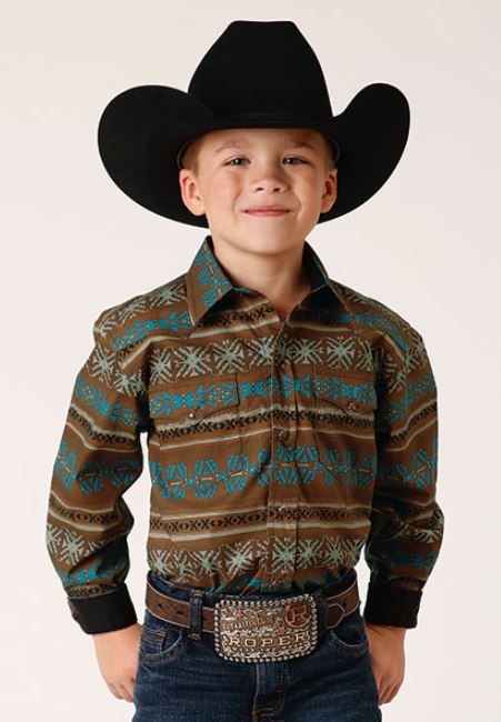 le bos Roper Clay Horizontal Aztec Print Boy's Long Sleeve Collared Snap Shirt 303000670788BR