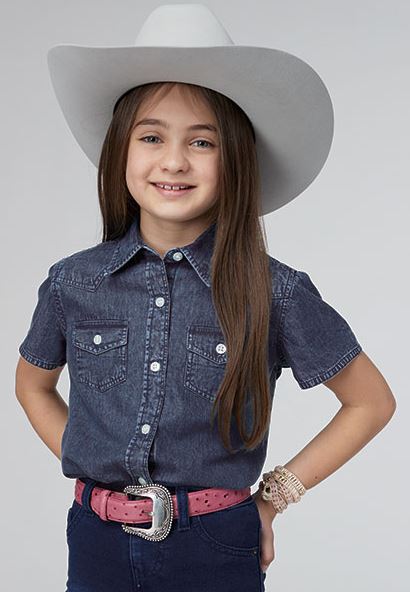le bos Roper Dark Blue Denim Girl's Short Sleeve Collared Western Button Front Shirt 308105944023BU
