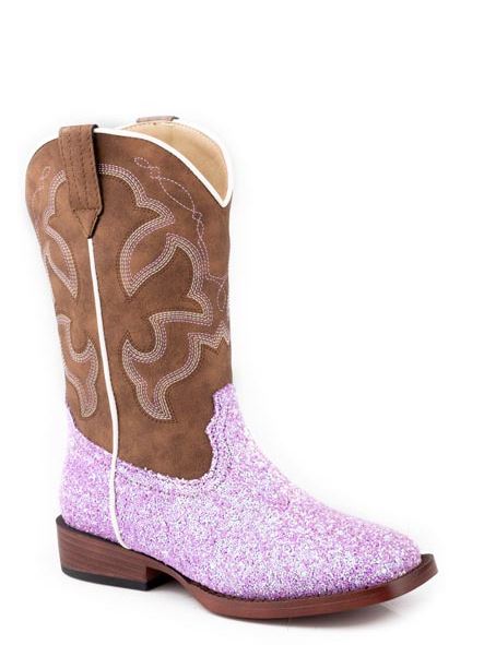 le bos Roper Lavender Glitter Little Kids Faux Leather Wide Square Toe Western Boots 0901819013434PU