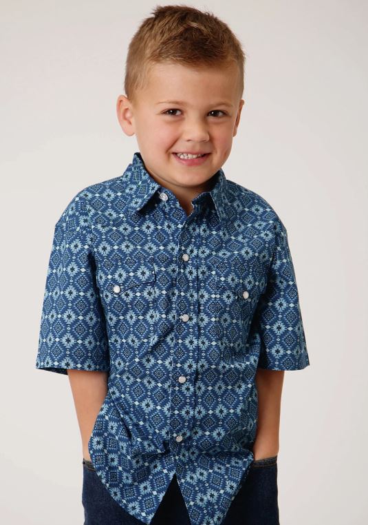 le bos Roper Mini Aztec Blue Boys Collared Short Sleeve Shirt 303100640309BU