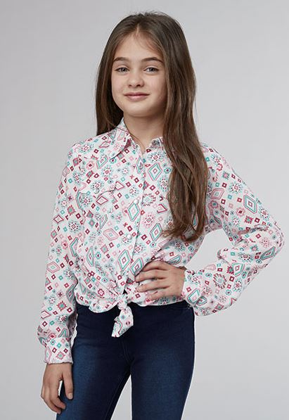le bos Roper Multicolored Scattered Aztec Print Girl's Printed Rayon Collared Longsleeve Snap Western Blouse 308005904009MU